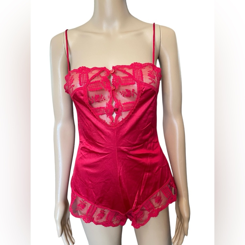 Formfit Vintage 70s Red Sheer Romantic Lace Button Up Lingerie Romper Teddie